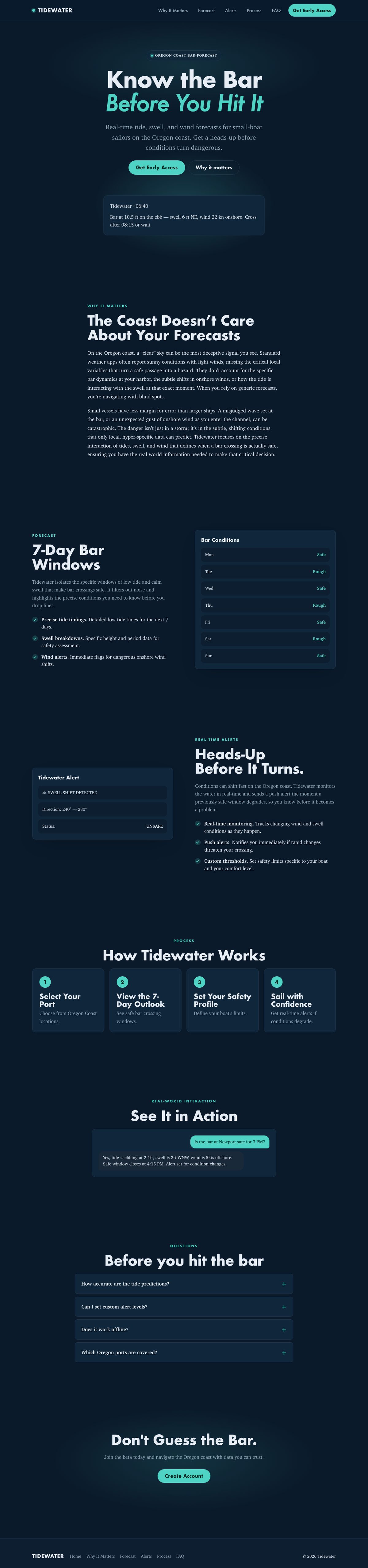 The full Tidewater landing page Budulai built from that one message: a teal-accented hero with a bar-conditions card, a 7-day bar forecast, alerts, how it works, a chat example, questions and a closing call to action