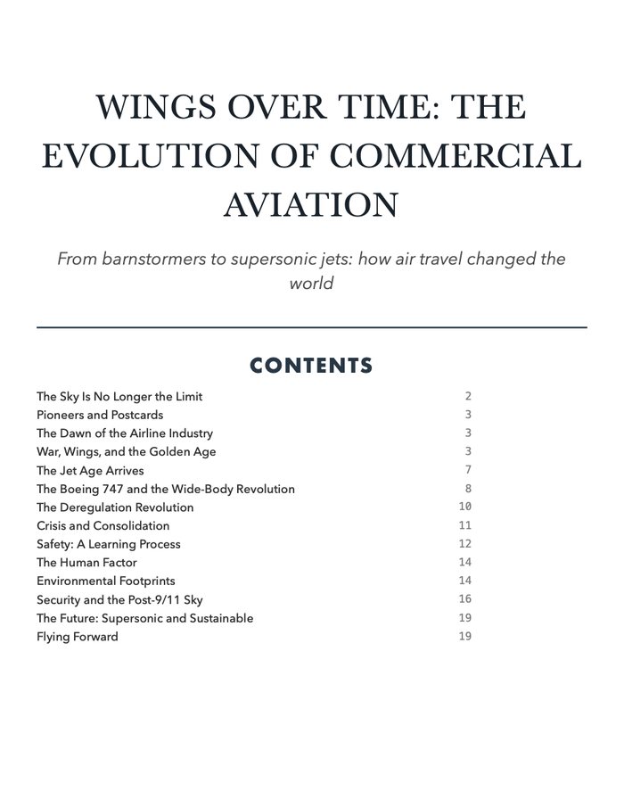 The cover page of a 19-page PDF report Budulai wrote, Wings Over Time: The Evolution of Commercial Aviation, with a numbered contents list