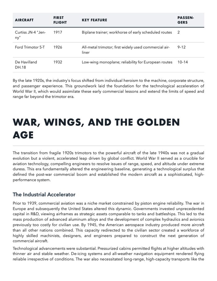 An inside page of the same aviation report: a table of early aircraft with first flight, key features and passengers, followed by a section titled War, Wings, and the Golden Age