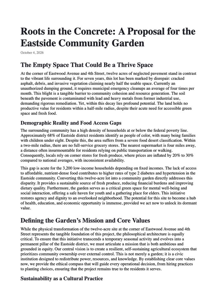 The first page of a Word document Budulai wrote: Roots in the Concrete, a proposal for the Eastside Community Garden, with sections on the empty space and demographic reality