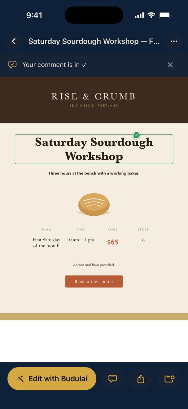 Real Budulai screenshot: the new version of the flyer with a larger two-line heading, a green check on its pin, and a banner reading Your comment is in