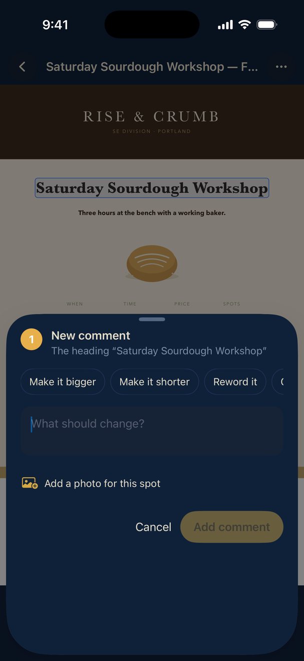 Real Budulai screenshot: the workshop flyer open in Budulai Create with the heading tapped and a New comment sheet offering Make it bigger, Make it shorter and Reword it