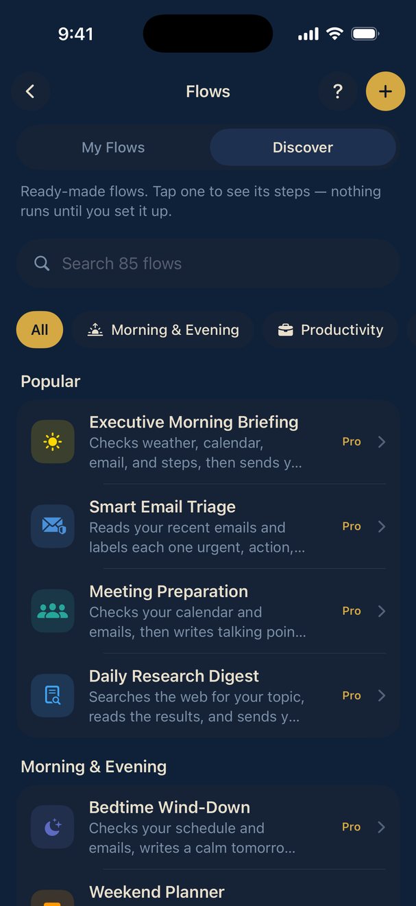 Real Budulai screenshot: Discover — 85 ready-made flows, searchable, with Executive Morning Briefing and Smart Email Triage at the top