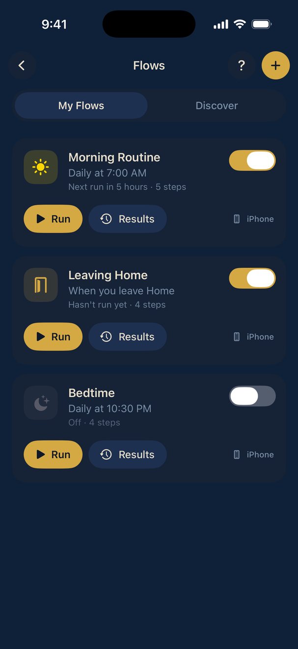 Real Budulai screenshot: My Flows — Morning Routine, Leaving Home and Bedtime, each with Run and Results