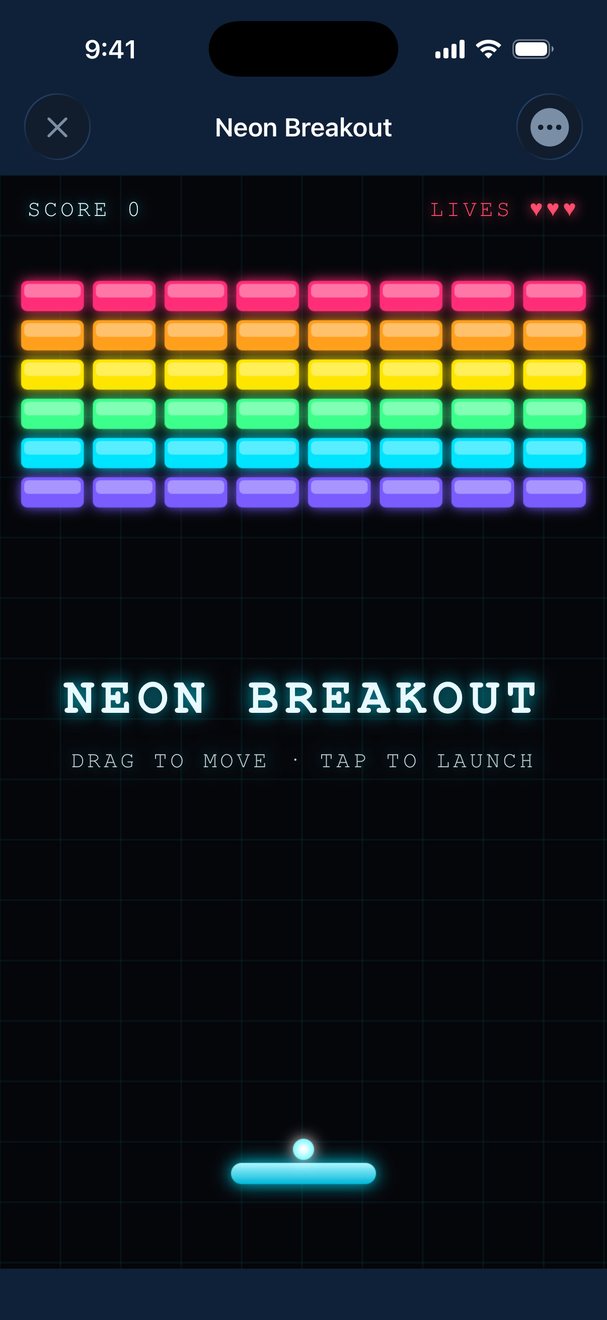 A neon Breakout game Budulai built: rows of glowing rainbow bricks, a cyan paddle and ball, score and lives