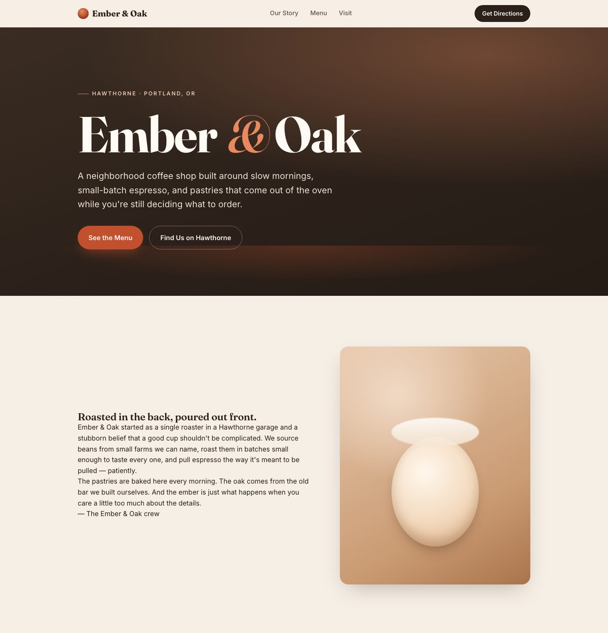 The Ember & Oak coffee shop website Budulai built: a dark roasted hero with the name in large serif type, the shop's story, and a full menu with prices