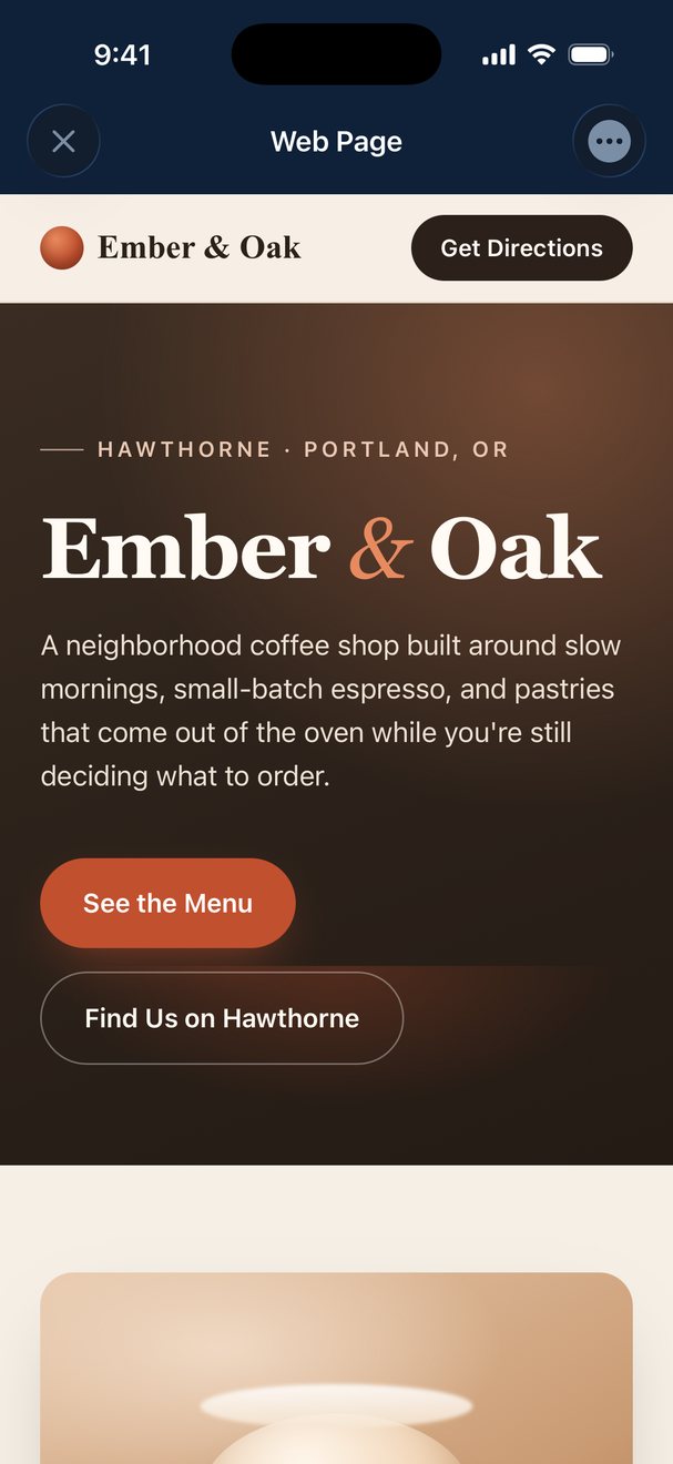 The same Ember & Oak website open full screen in the Budulai iPhone app