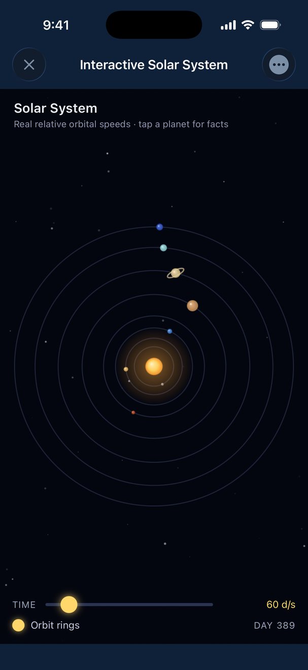 An interactive solar system Budulai built: a glowing sun, eight planets on orbit rings, and a time slider