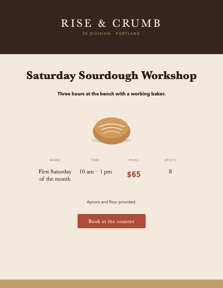 A one-page workshop flyer Budulai made for a bakery: the bakery's name on a dark band, the workshop title, a drawn loaf, and the time, price and spots in a row