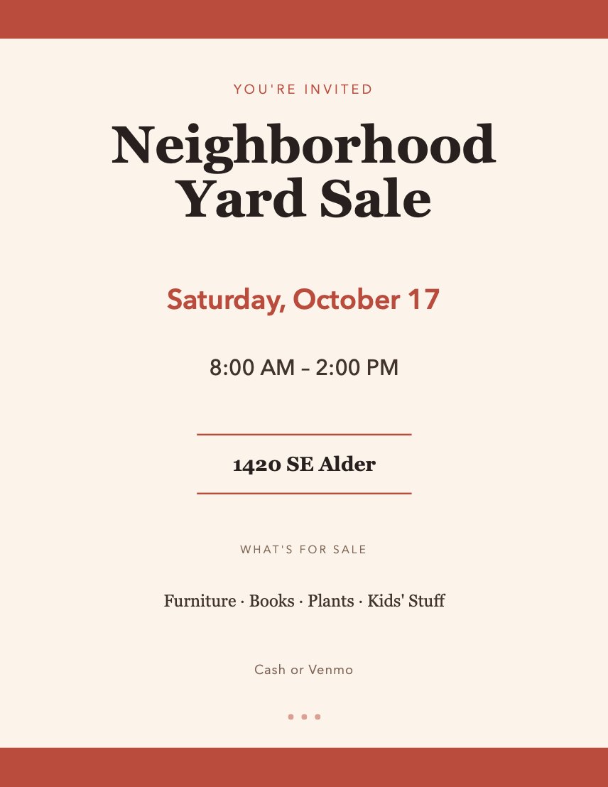 A neighborhood yard sale flyer Budulai made: a big serif headline, the date and hours in red, the address, and what's for sale