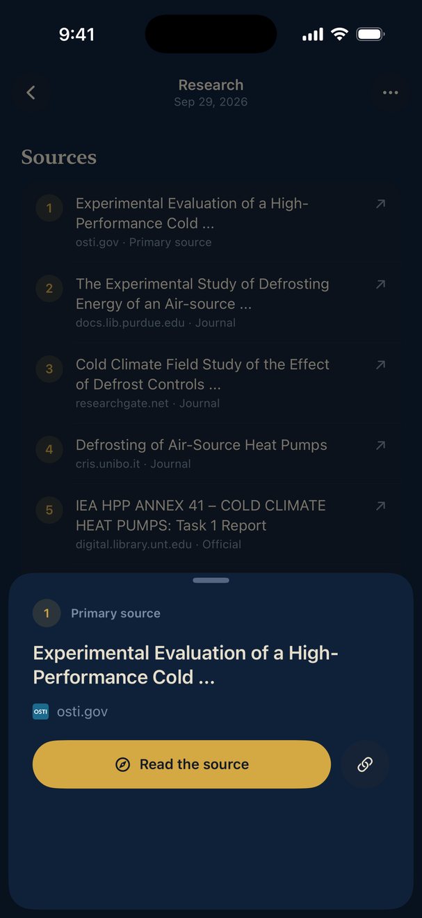 Real Budulai screenshot: a tapped citation showing its source, a primary source from osti.gov, with a Read the source button